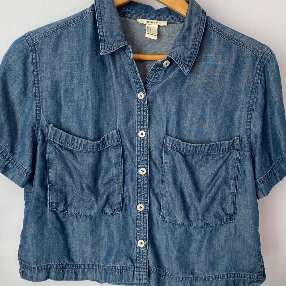 Denim Short Sleeve Button Up Blouse